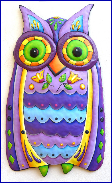 Painted Metal Owl, Funky Owl Wall Hanging - Owl Metal Art - Hand Painted Metal Wall Art - 15" x 26"